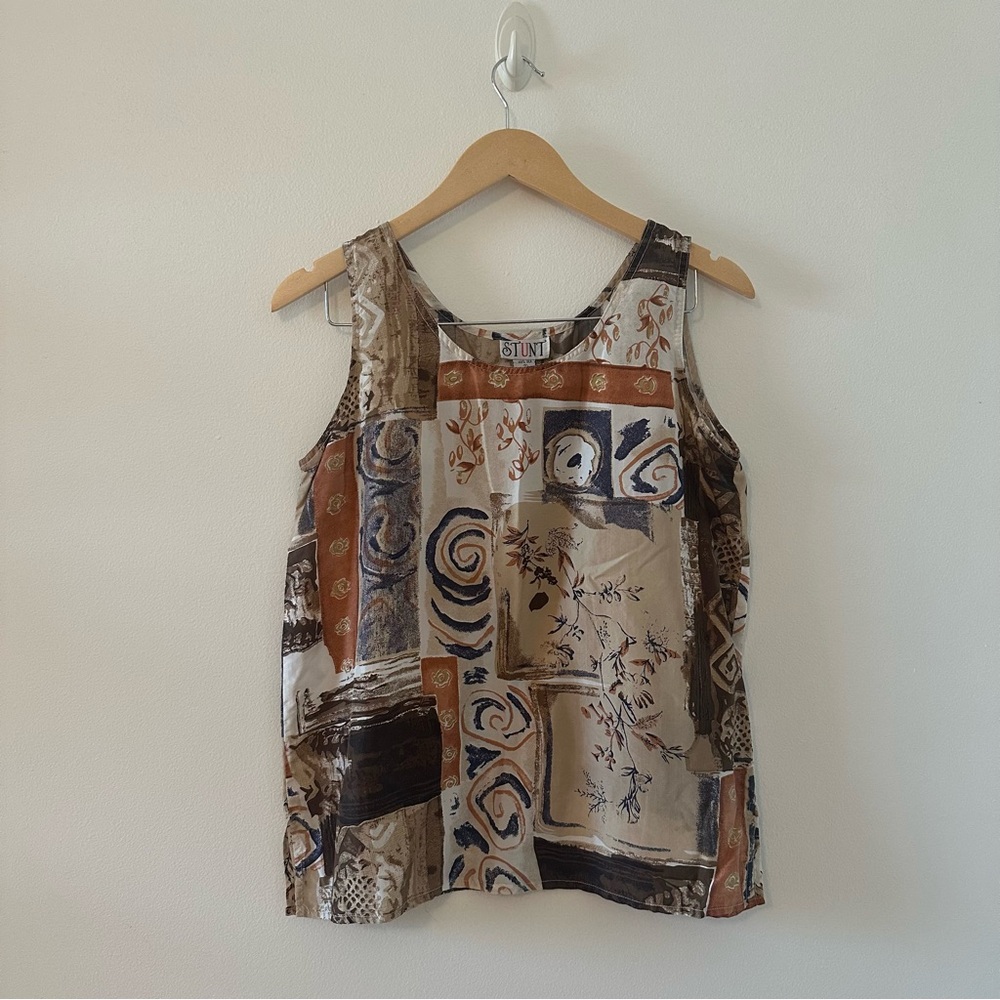 Vintage Silk Abstract Print Blouse - Brown and Cream